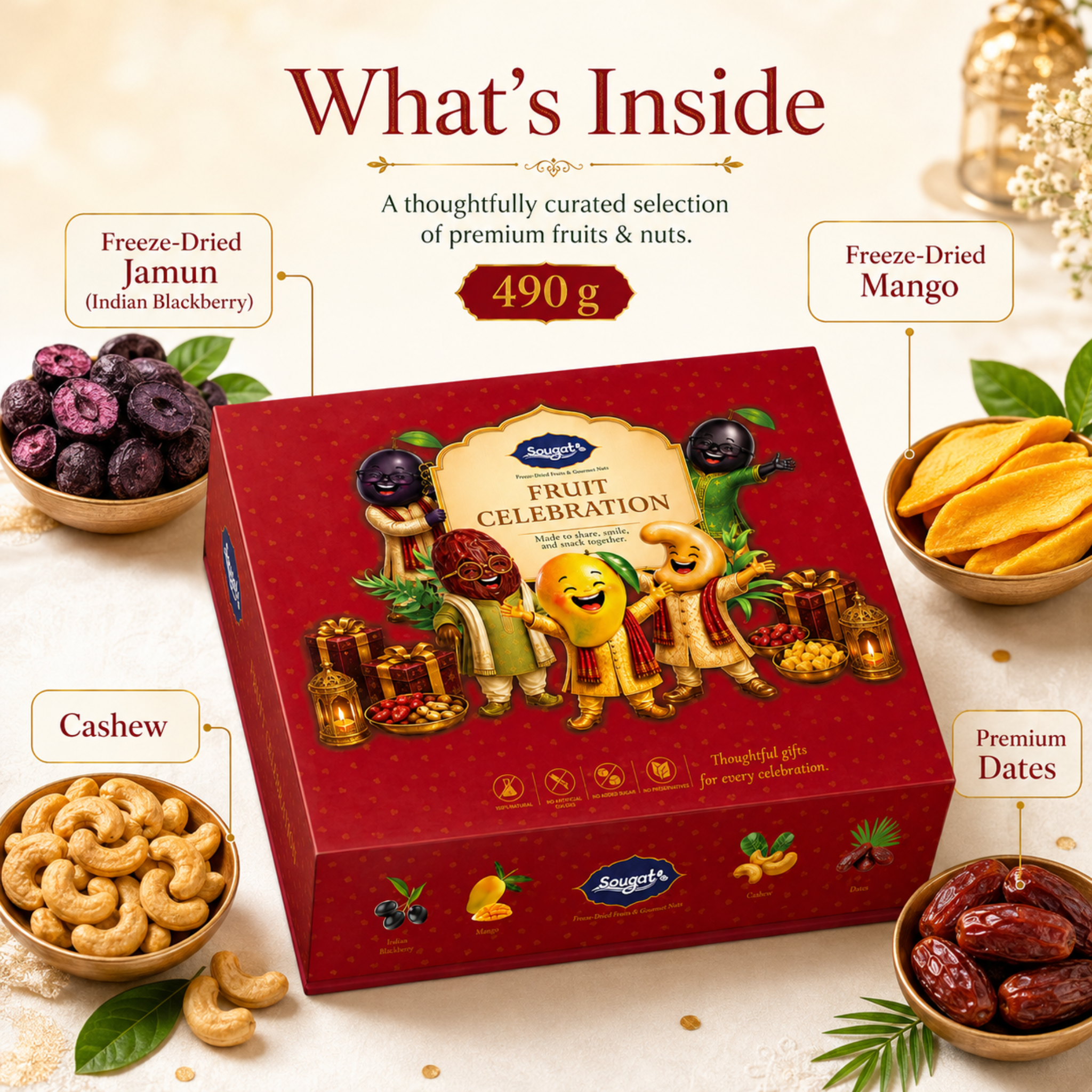Sougat Fruit Celebration Gift Box | Freeze-Dried Fruits, Raisins & Premium Dates | 490 g