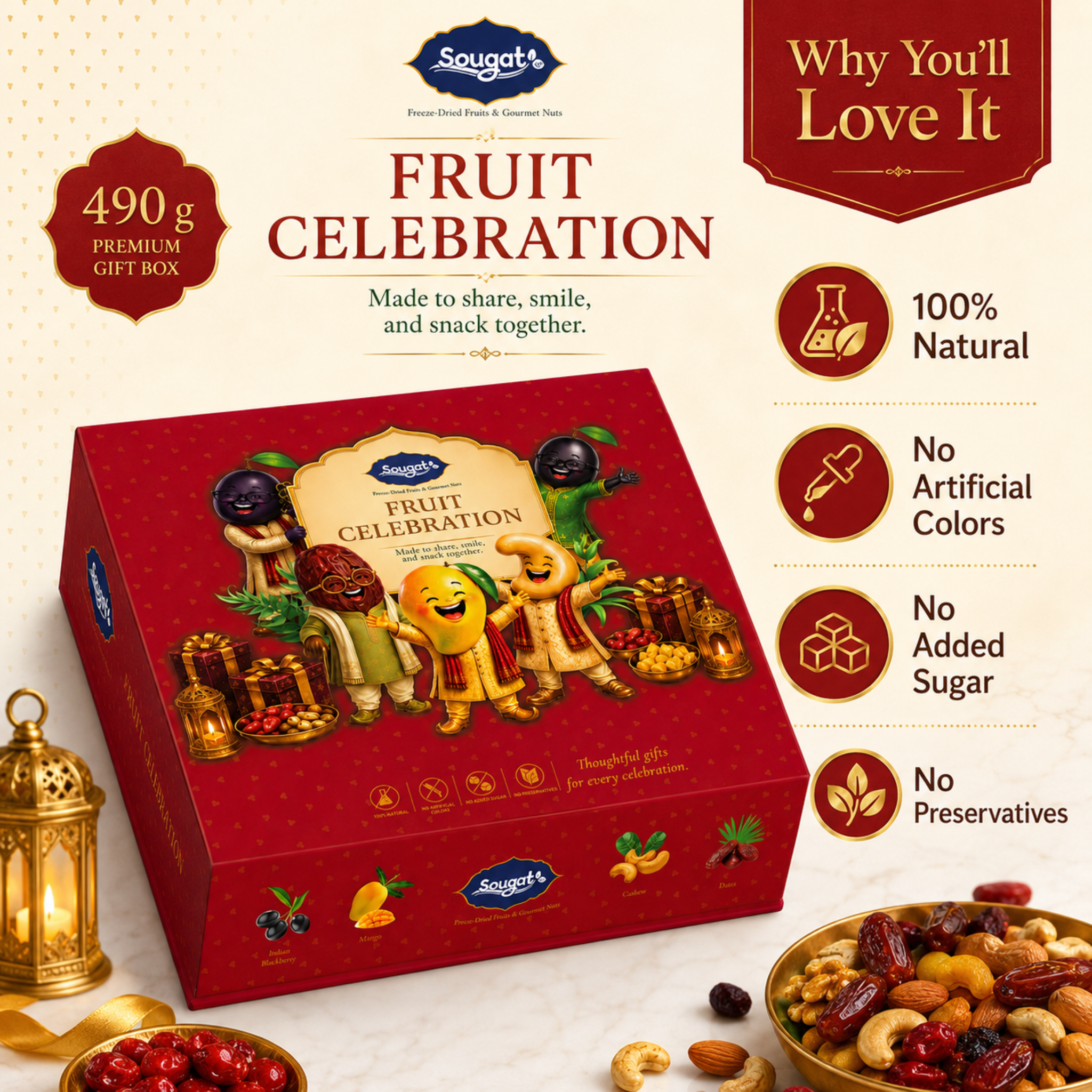 Sougat Fruit Celebration Gift Box | Freeze-Dried Fruits, Raisins & Premium Dates | 490 g